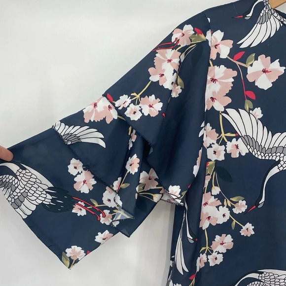 Almatrichi Blouse Womens Small Blue Pink Ruffle Flutter Layer‎ Crane Bird Floral - Picture 5 of 12